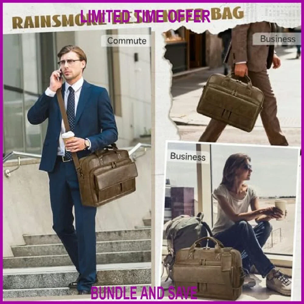 15.6 Inch PU Leather Messenger Bag with Laptop Compartment & Luggage Strap